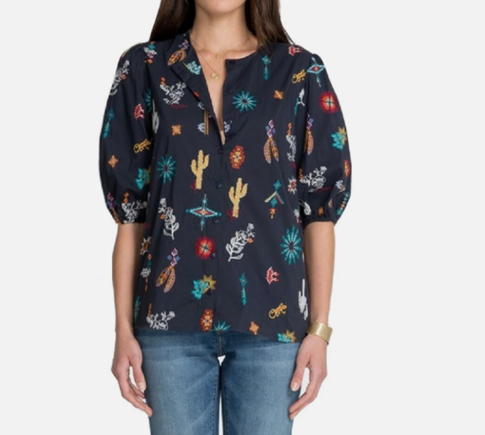 Johnny Was Sz L Louanne Button Down Embroidered Shirt Graphite Cotton Blend